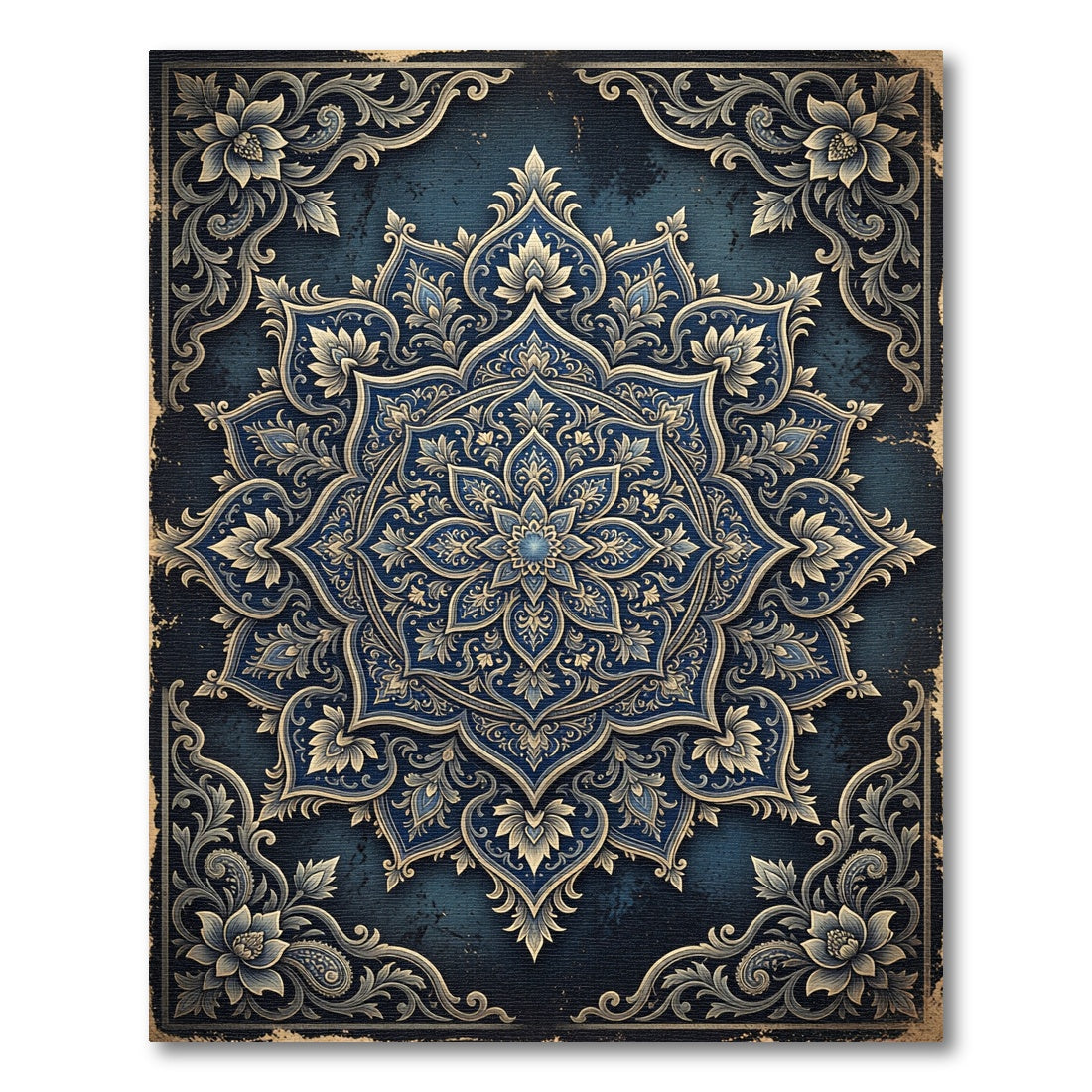 Ornate Navy Blue Floral Mandala Medallion Rug