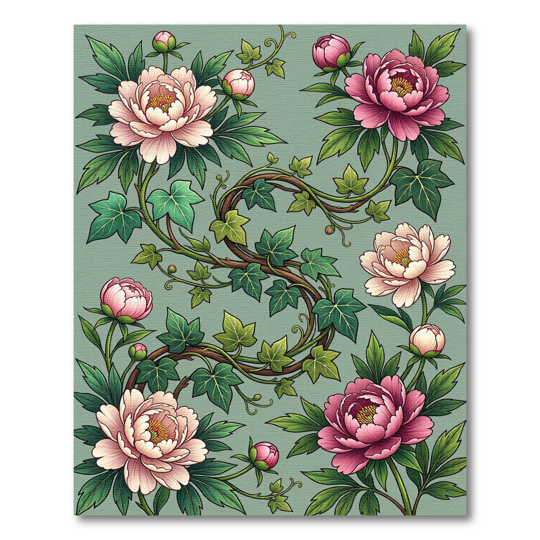 Vintage Pink Peony Ivy Arrangement Rug