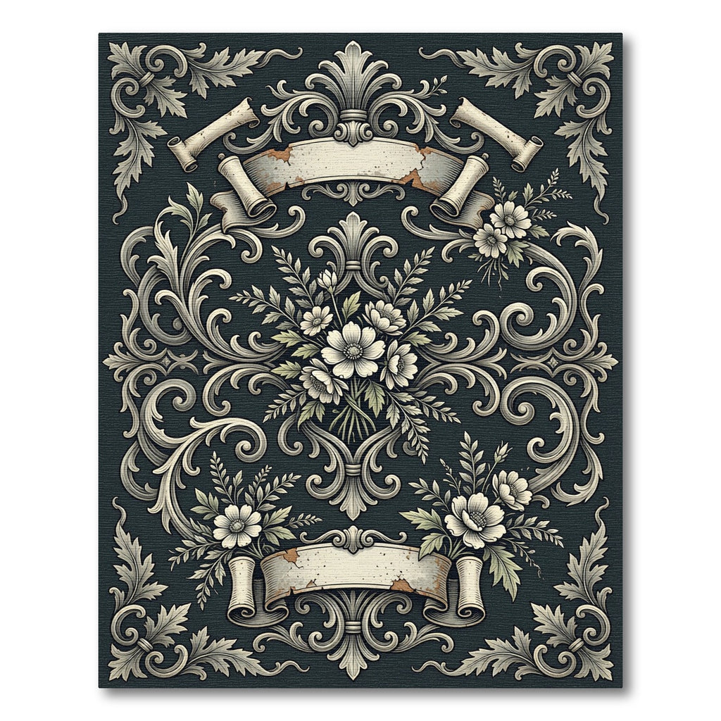 Dark Slate Floral Baroque Scroll Rug