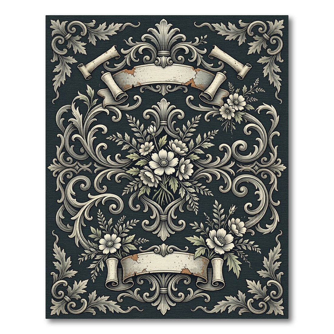 Dark Slate Floral Baroque Scroll Rug
