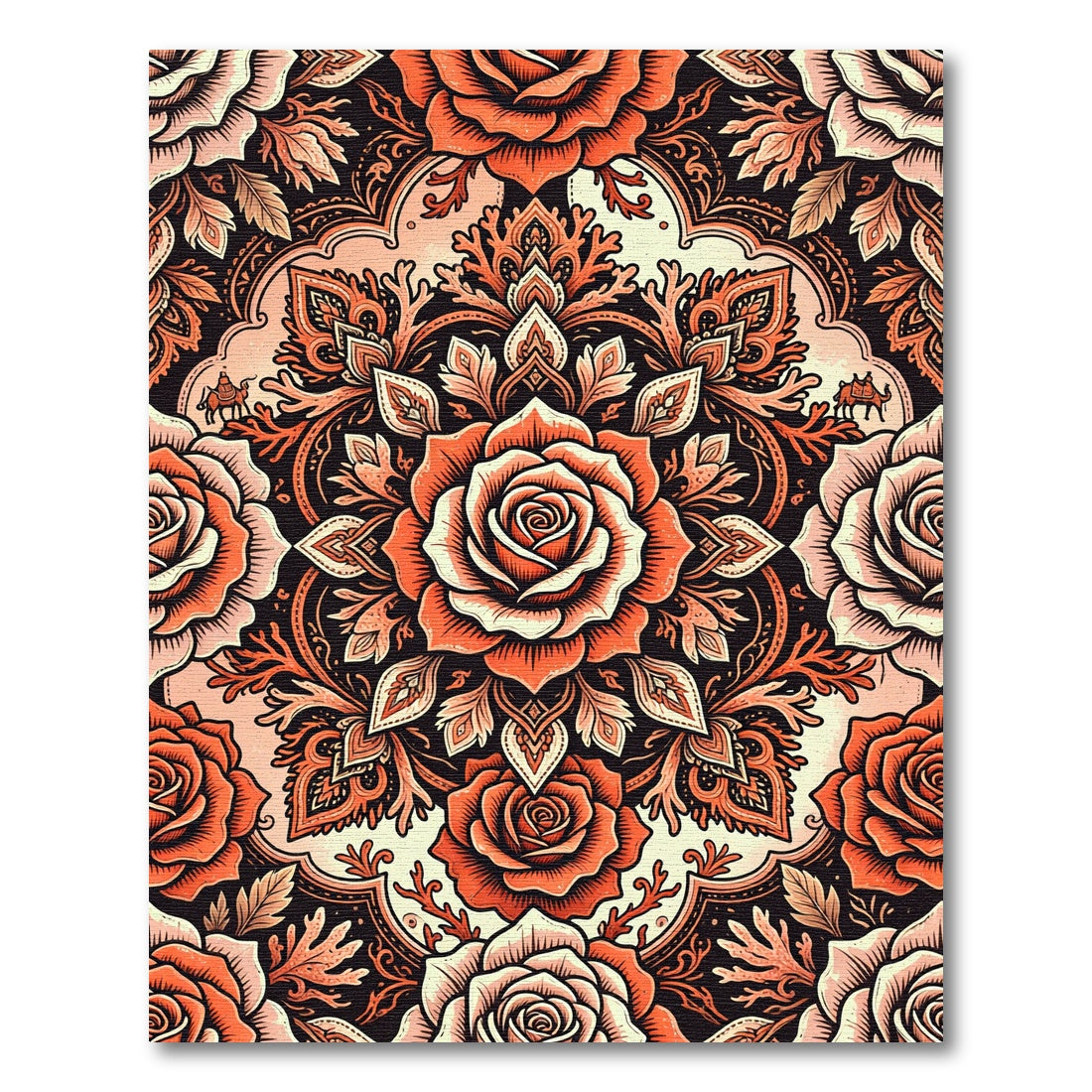 Burnt Orange Rose Floral Medallion Rug