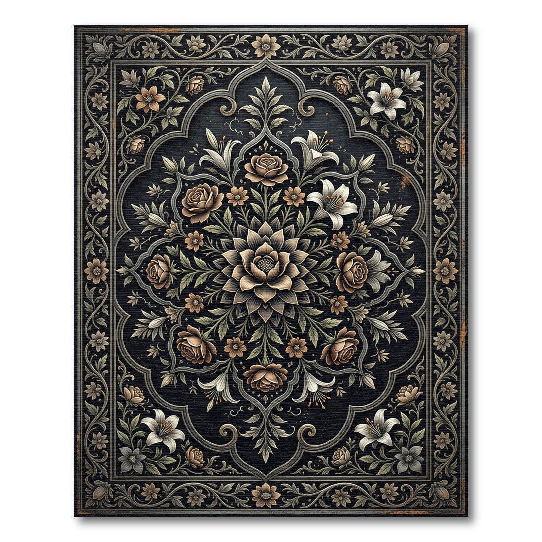 Antique Sepia Floral Medallion Arrangement Rug