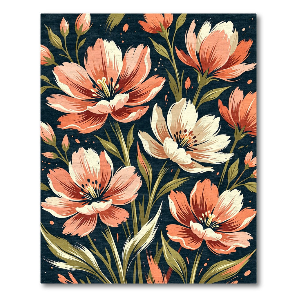 Coral Peach Floral Botanical Dark Garden Rug