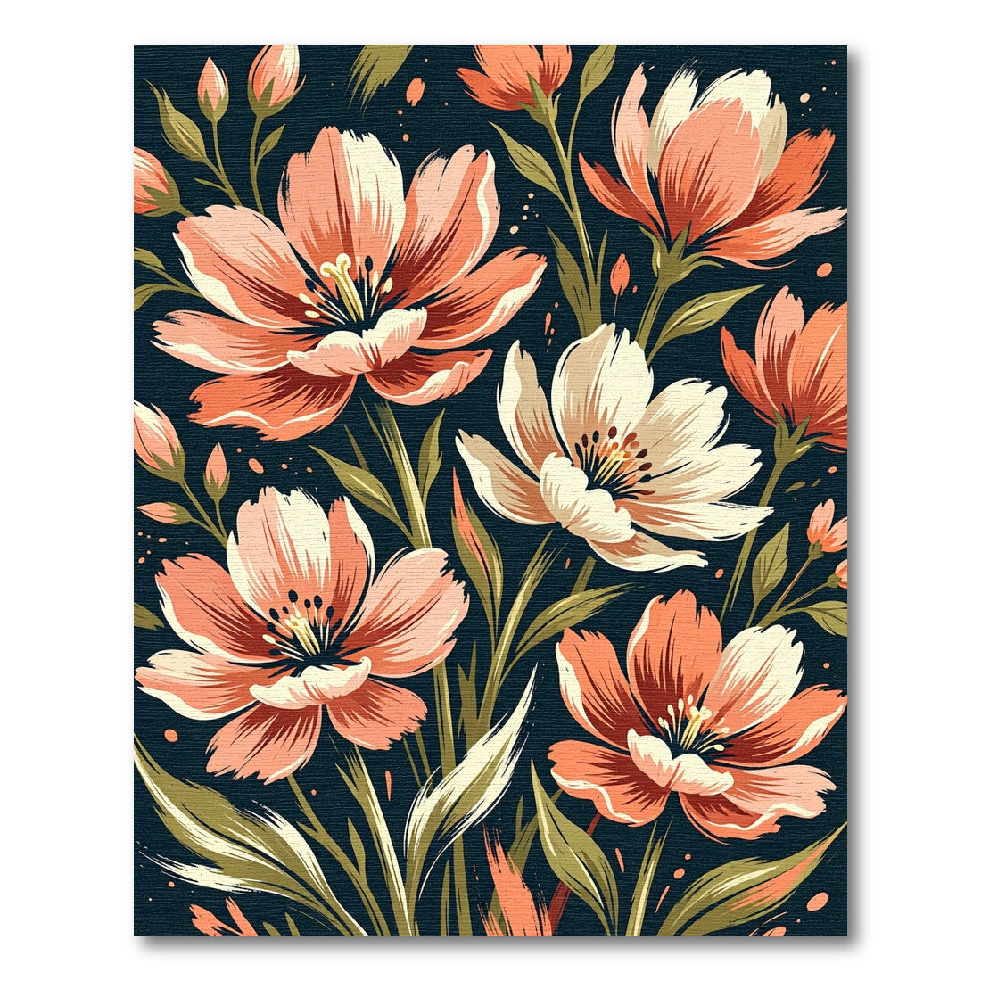 Coral Peach Floral Botanical Dark Garden Rug