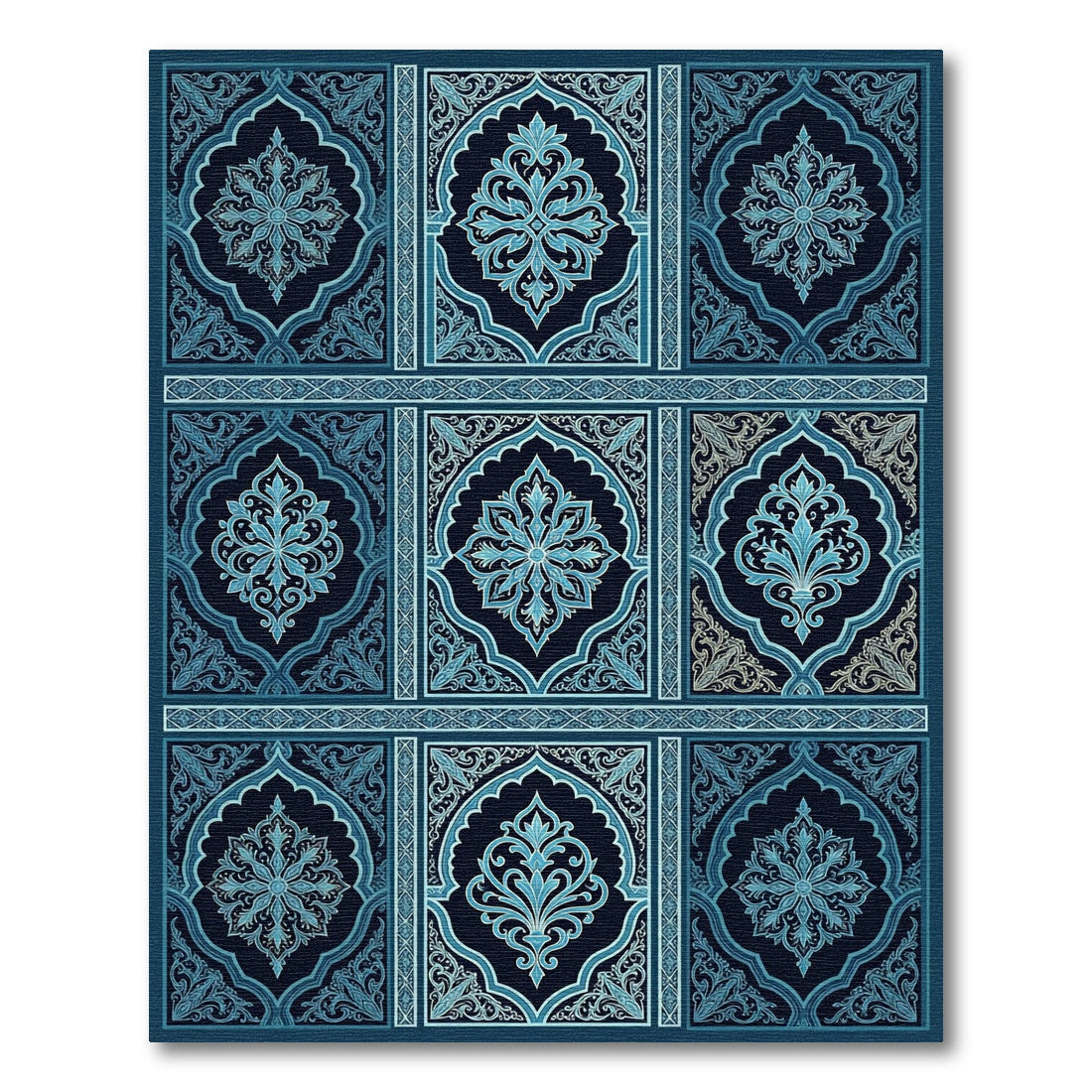 Ornate Navy Blue Floral Damask Tile Rug