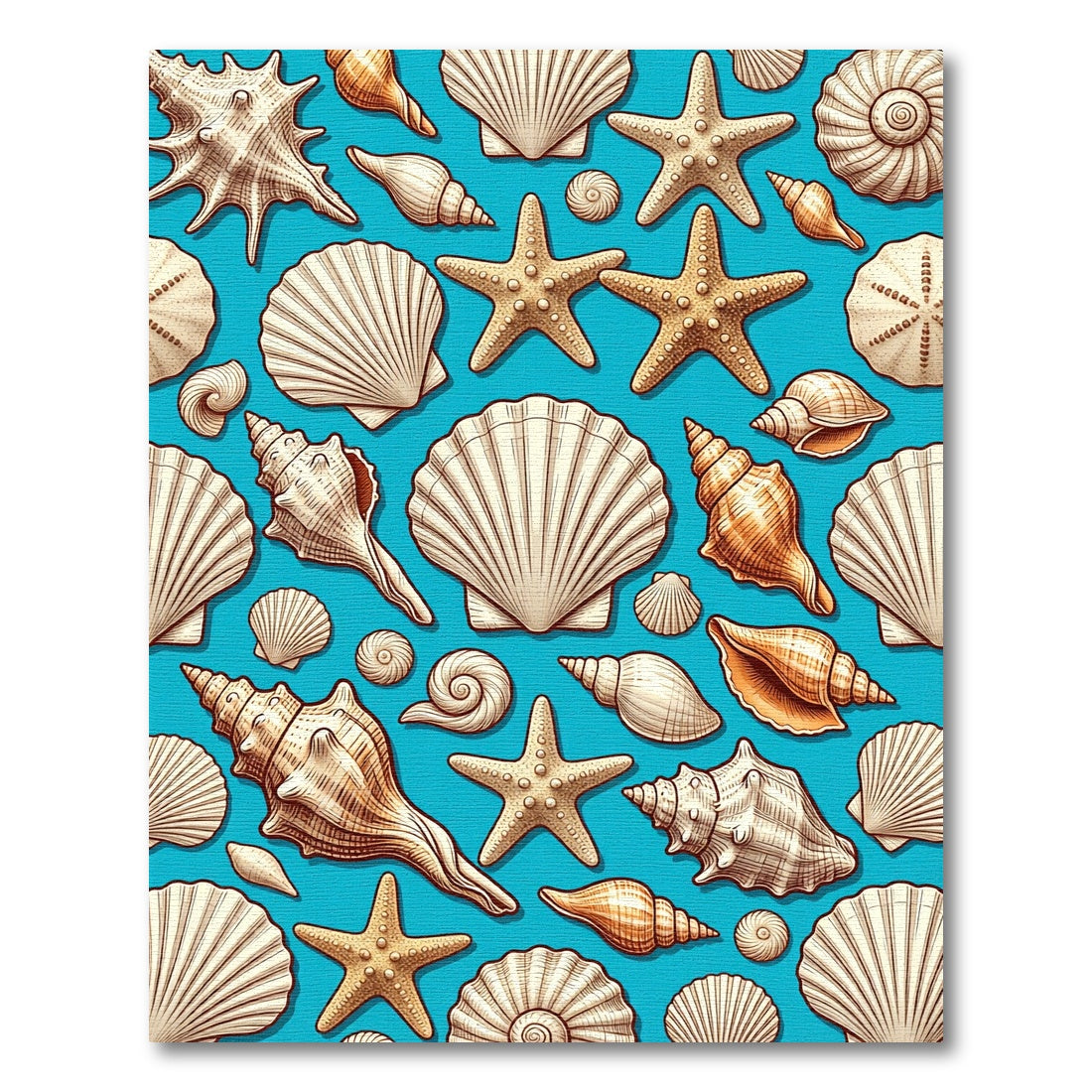 Coastal Seashell Starfish Cyan Background Rug
