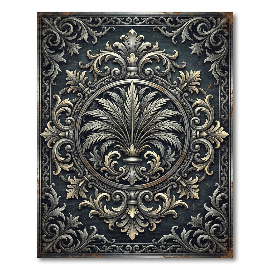 Ornate Charcoal Metallic Filigree Medallion Rug