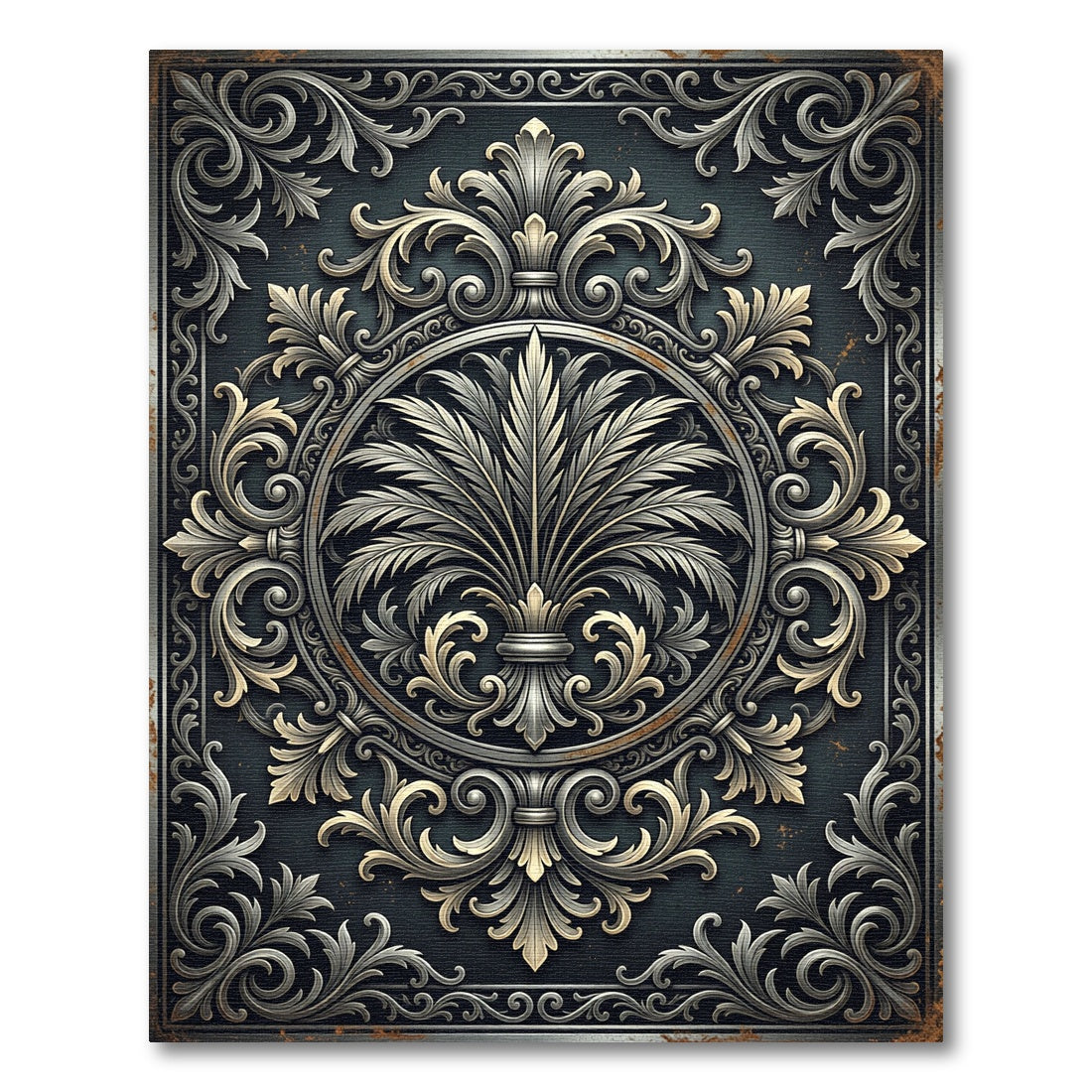 Ornate Charcoal Metallic Filigree Medallion Rug