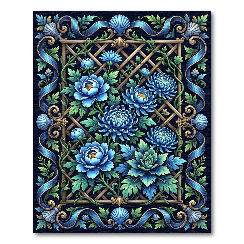 Ornate Blue Chrysanthemum Garden Lattice Rug