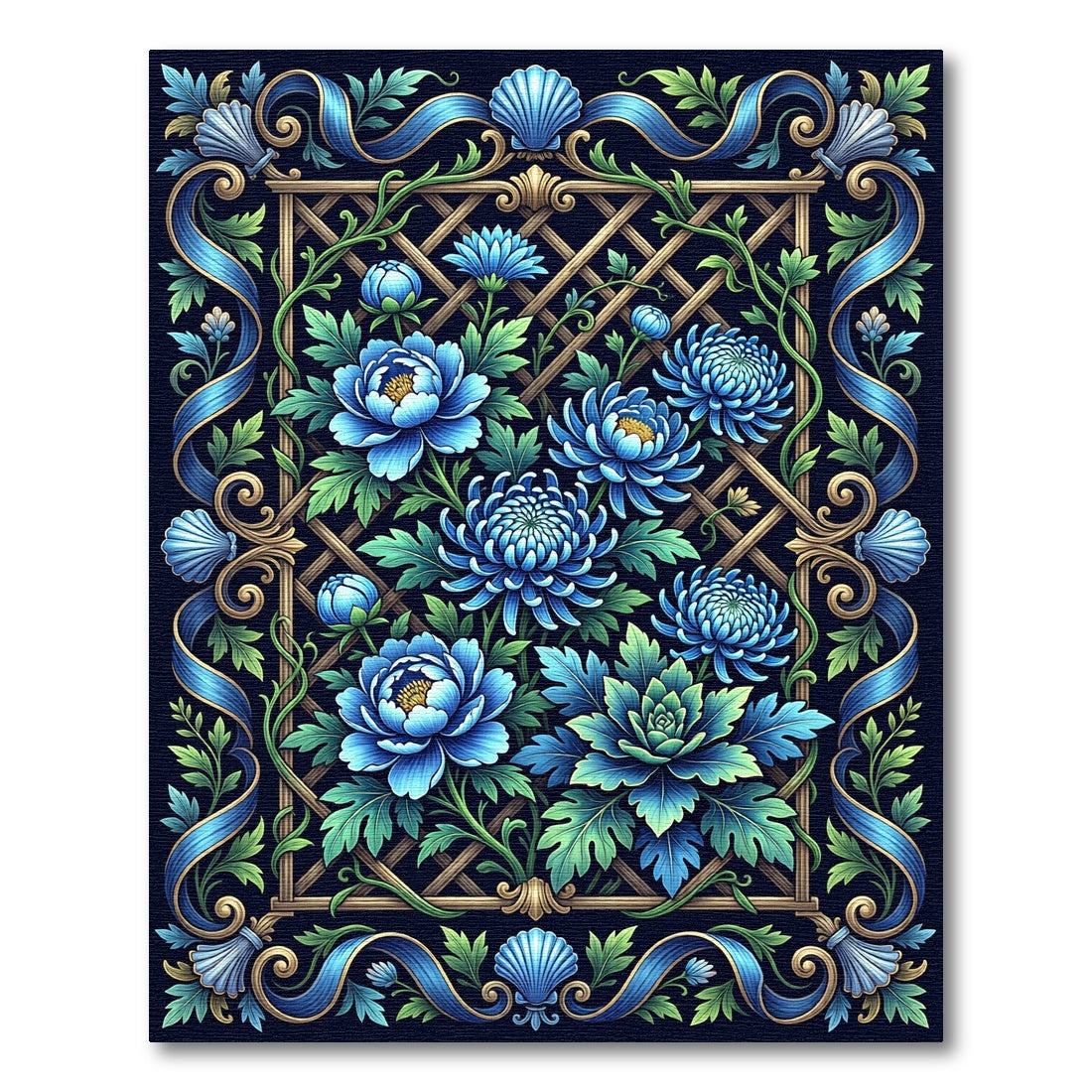 Ornate Blue Chrysanthemum Garden Lattice Rug