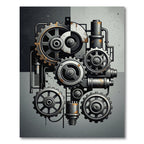 Industrial Monochrome Mechanical Gear Composition Rug