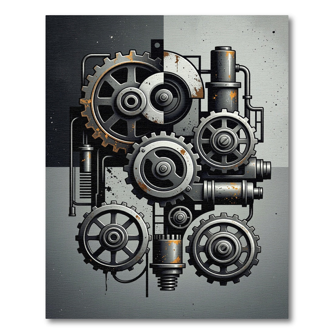 Industrial Monochrome Mechanical Gear Composition Rug