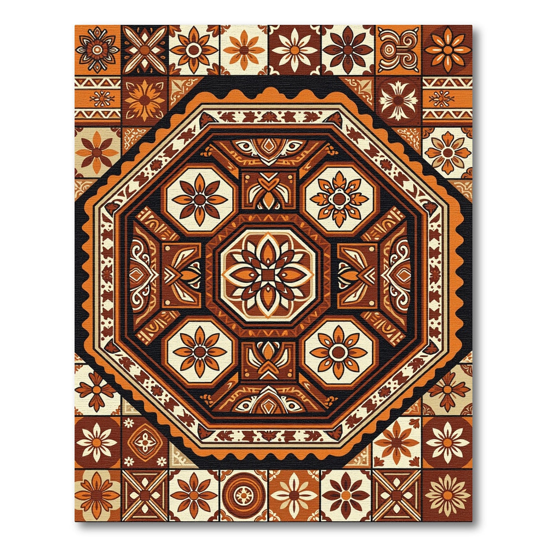 Earthy Terracotta Octagonal Floral Medallion Rug