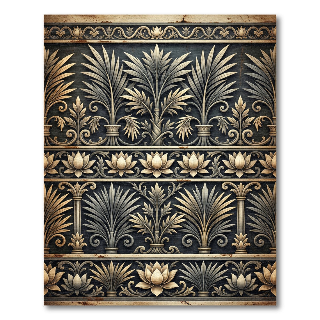 Elegant Gold Gray Lotus Palm Border Rug