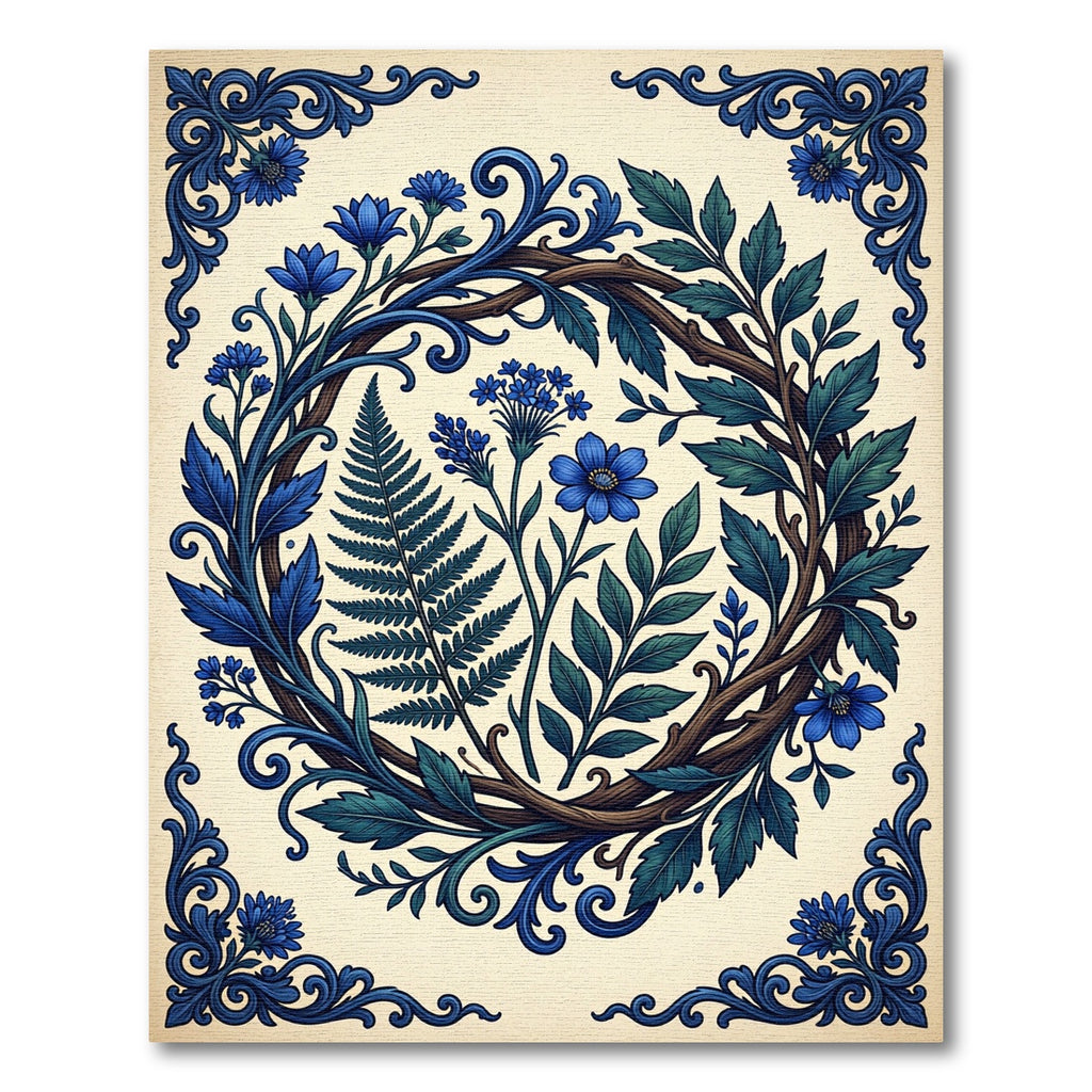 Blue Botanical Wreath with Ferns Rug