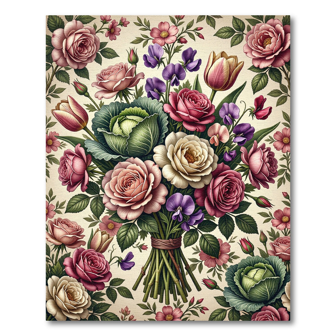 Romantic Pastel Rose and Cabbage Bouquet Rug