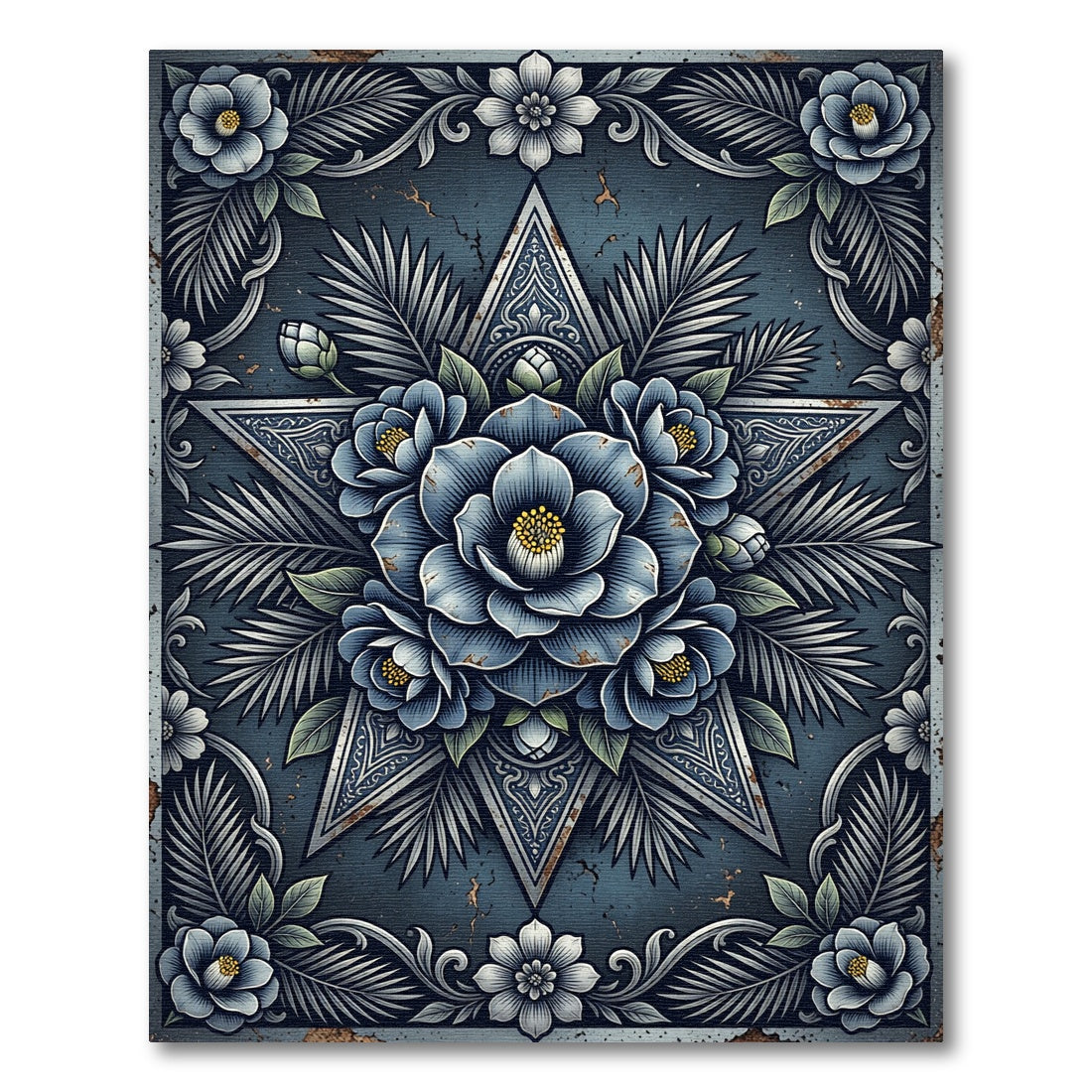 Midnight Blue Floral Star Medallion Rug