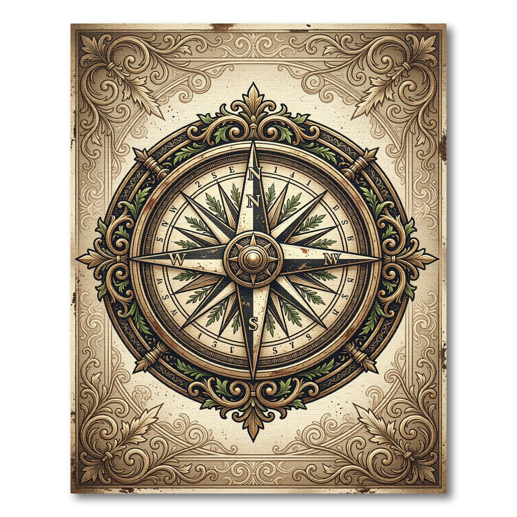 Ornate Golden Nautical Compass Medallion Rug