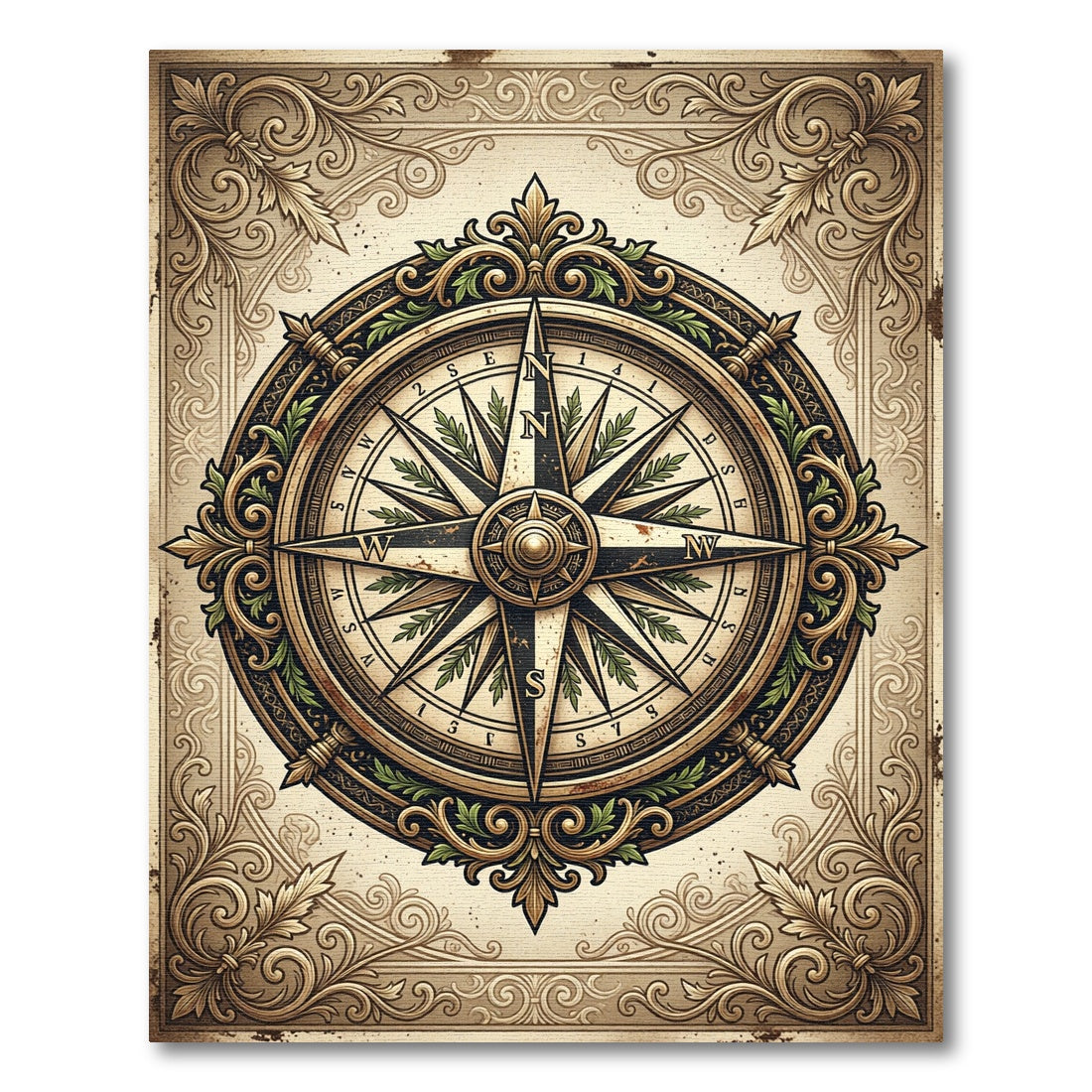 Ornate Golden Nautical Compass Medallion Rug