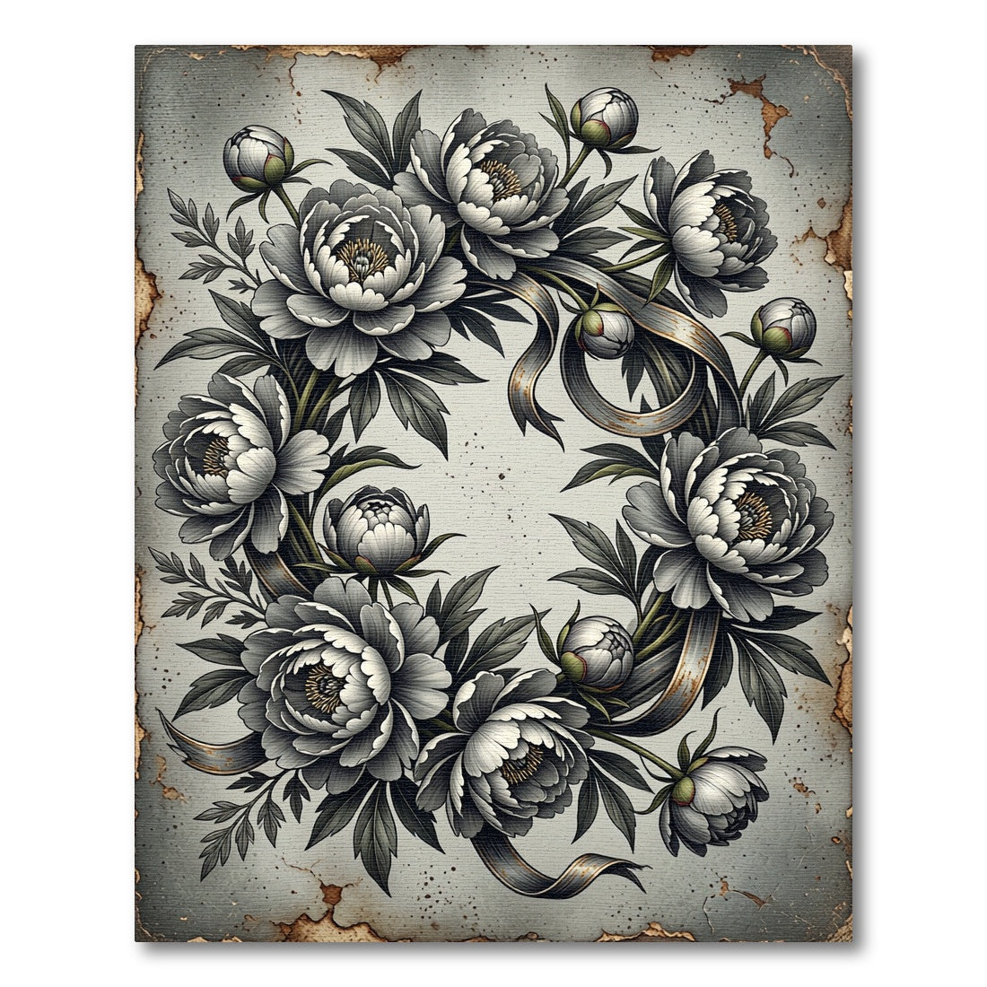 Monochrome Peony Wreath Ribbon Art Rug