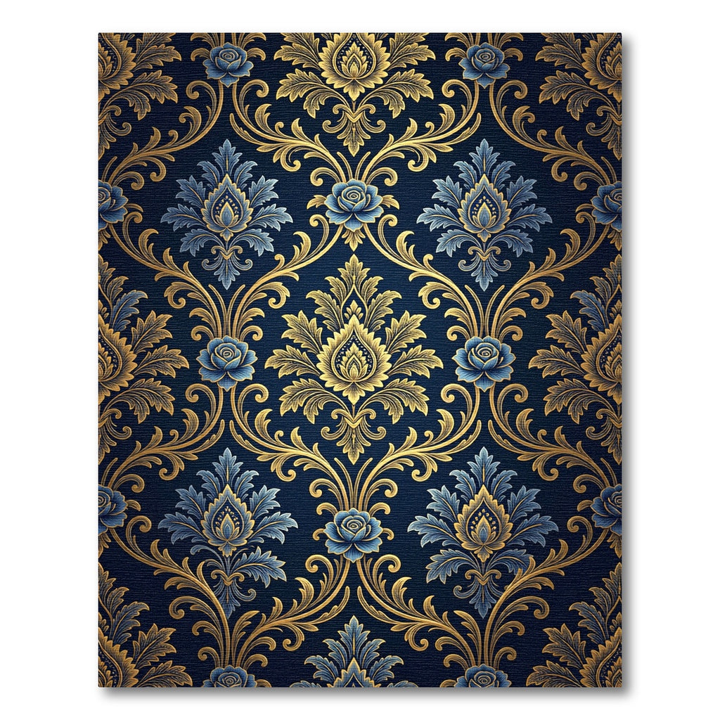 Elegant Midnight Blue Golden Damask Rug