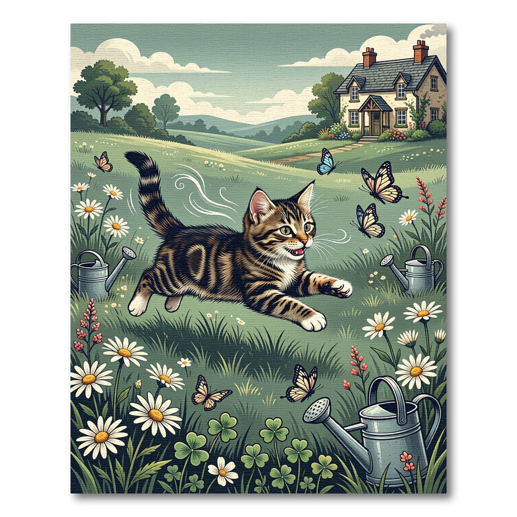 Whimsical Tabby Kitten Butterfly Garden Rug