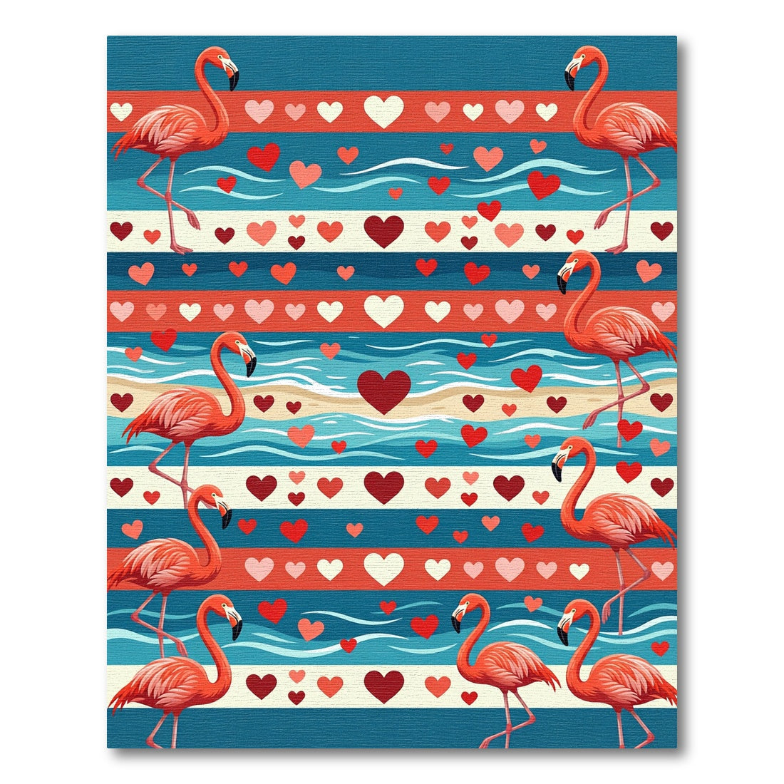 Coral Flamingos Red Heart Beach Waves Rug