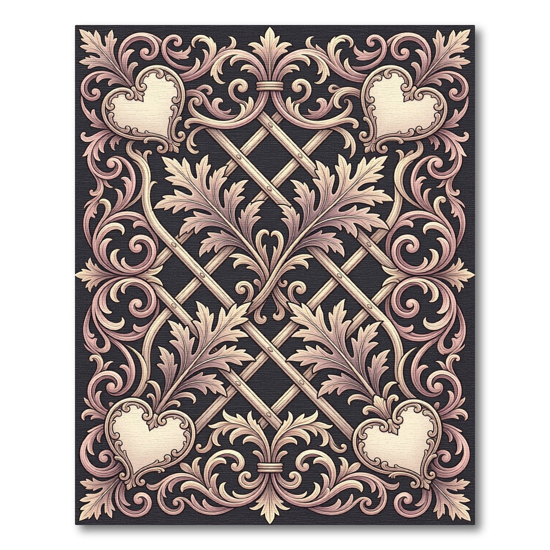 Elegant Cream Heart Scrollwork Rug