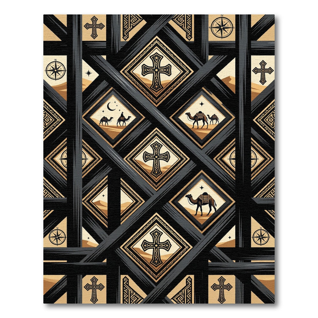 Black and Gold Desert Cross Lattice Rug