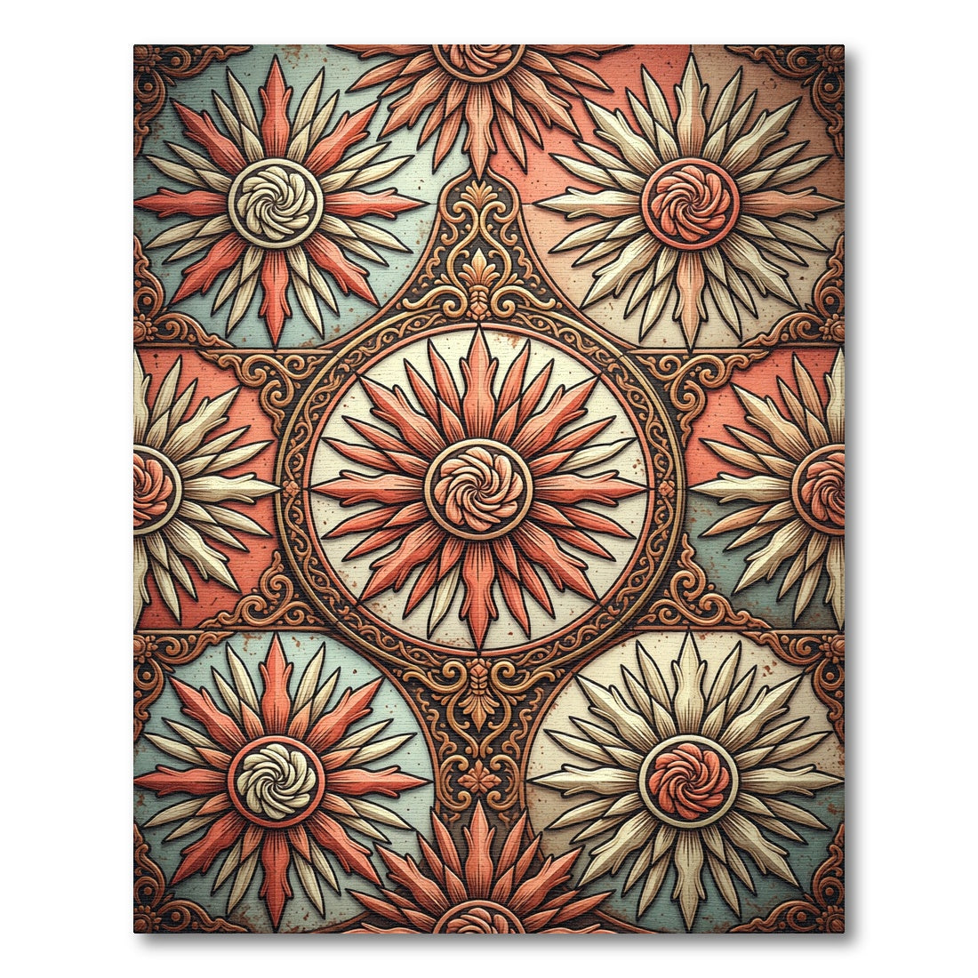 Terracotta Sunburst Medallion Tile Rug