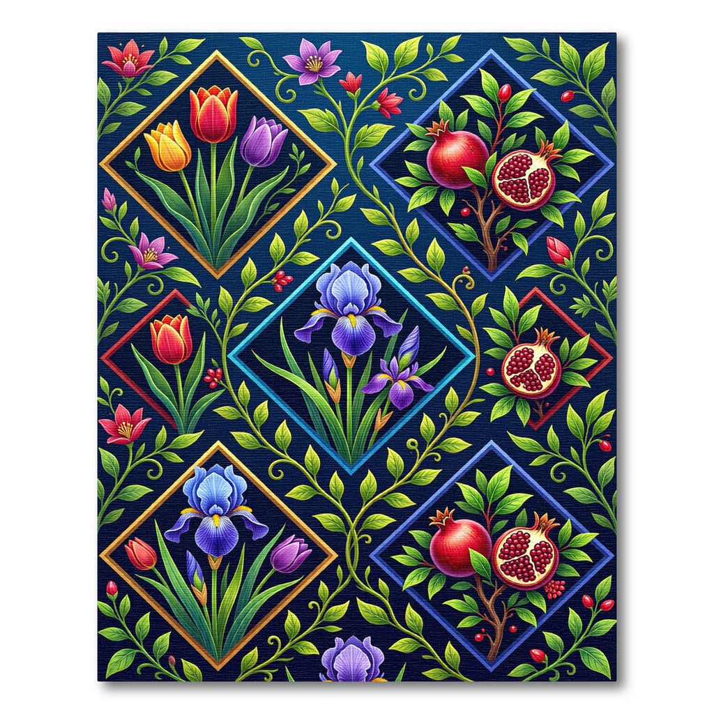 Vivid Botanic Pomegranate and Iris Tile Rug