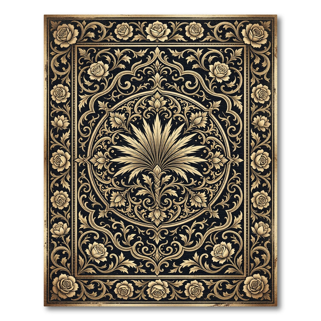 Elegant Gold Floral Black Medallion Rug
