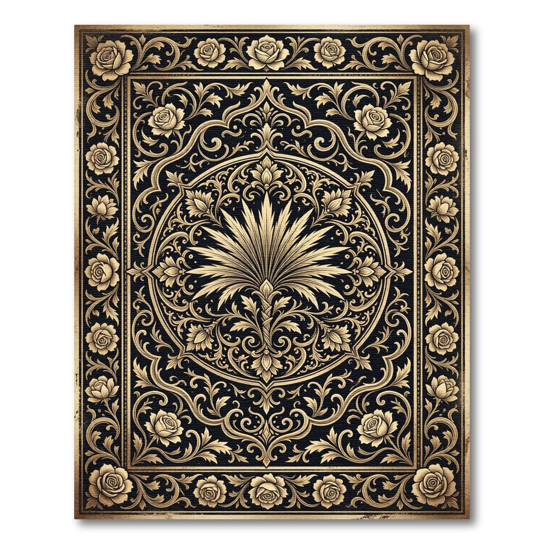 Elegant Gold Floral Black Medallion Rug