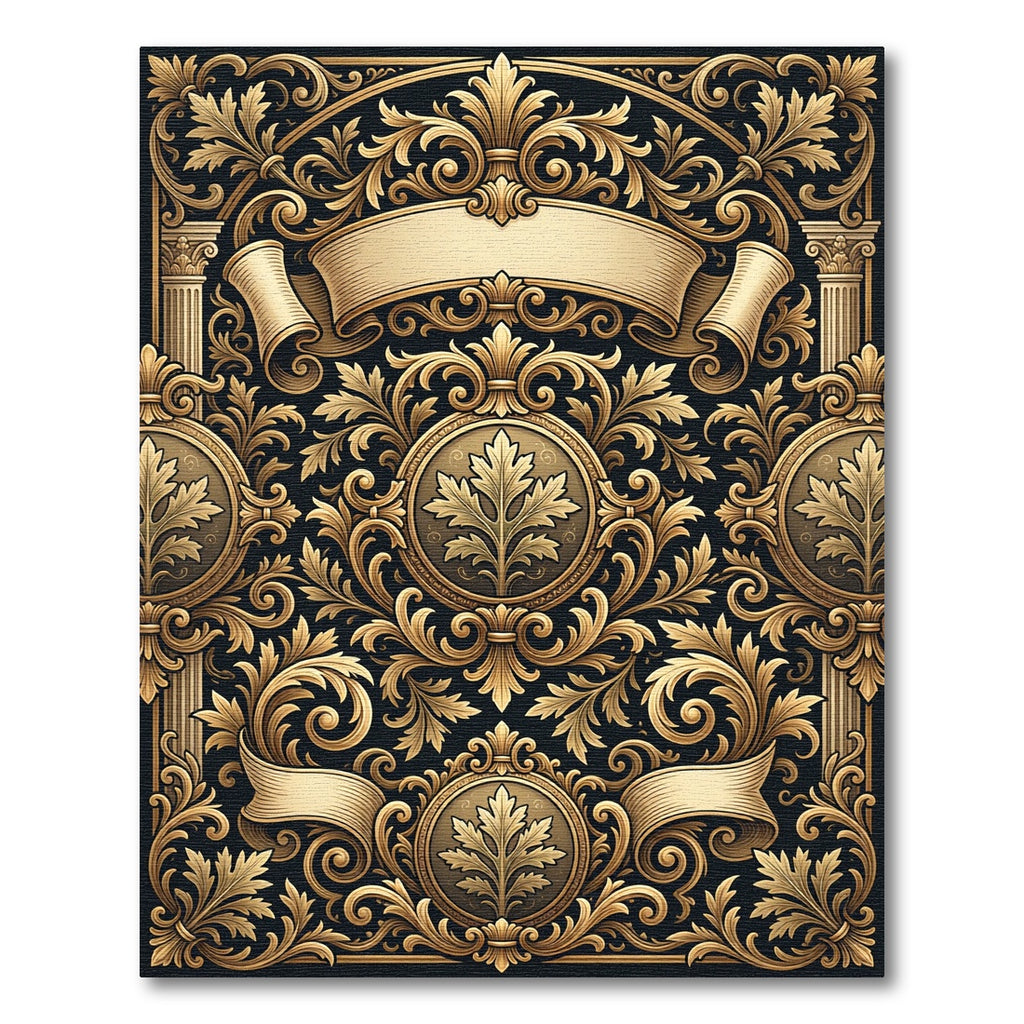Ornate Gold Black Leaf Scrollwork Rug