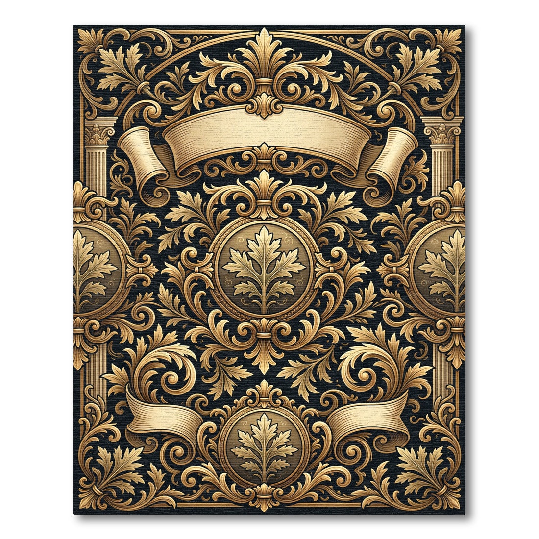 Ornate Gold Black Leaf Scrollwork Rug