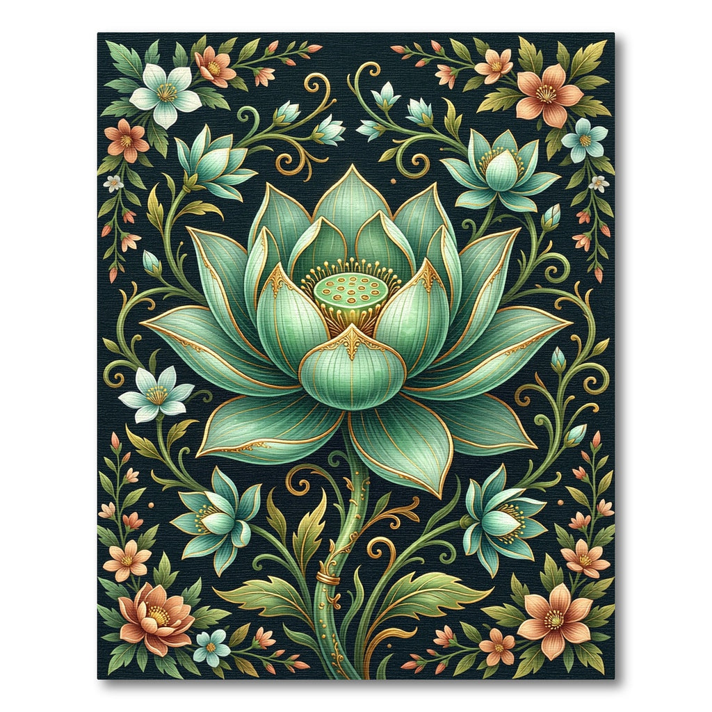 Elegant Mint Botanical Gold Lotus Rug