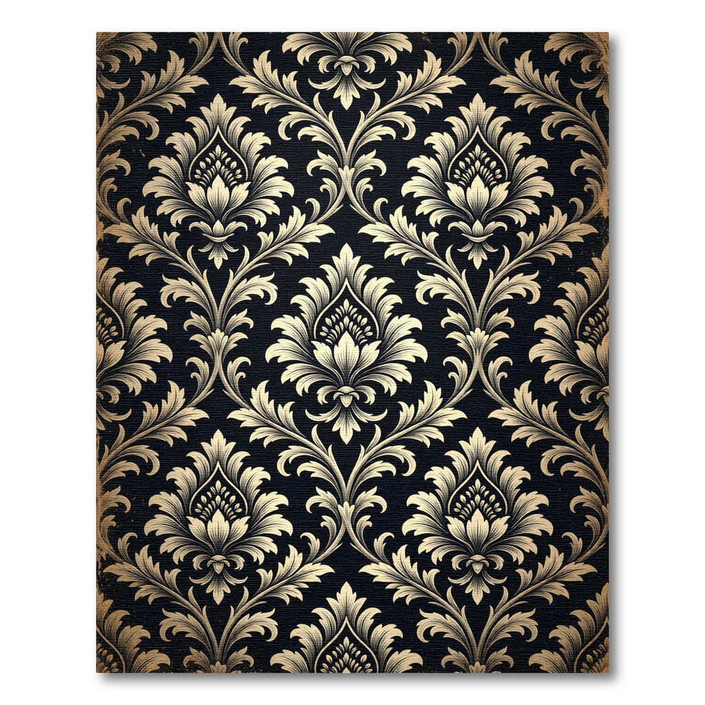 Vintage Black Damask Floral Swirl Rug