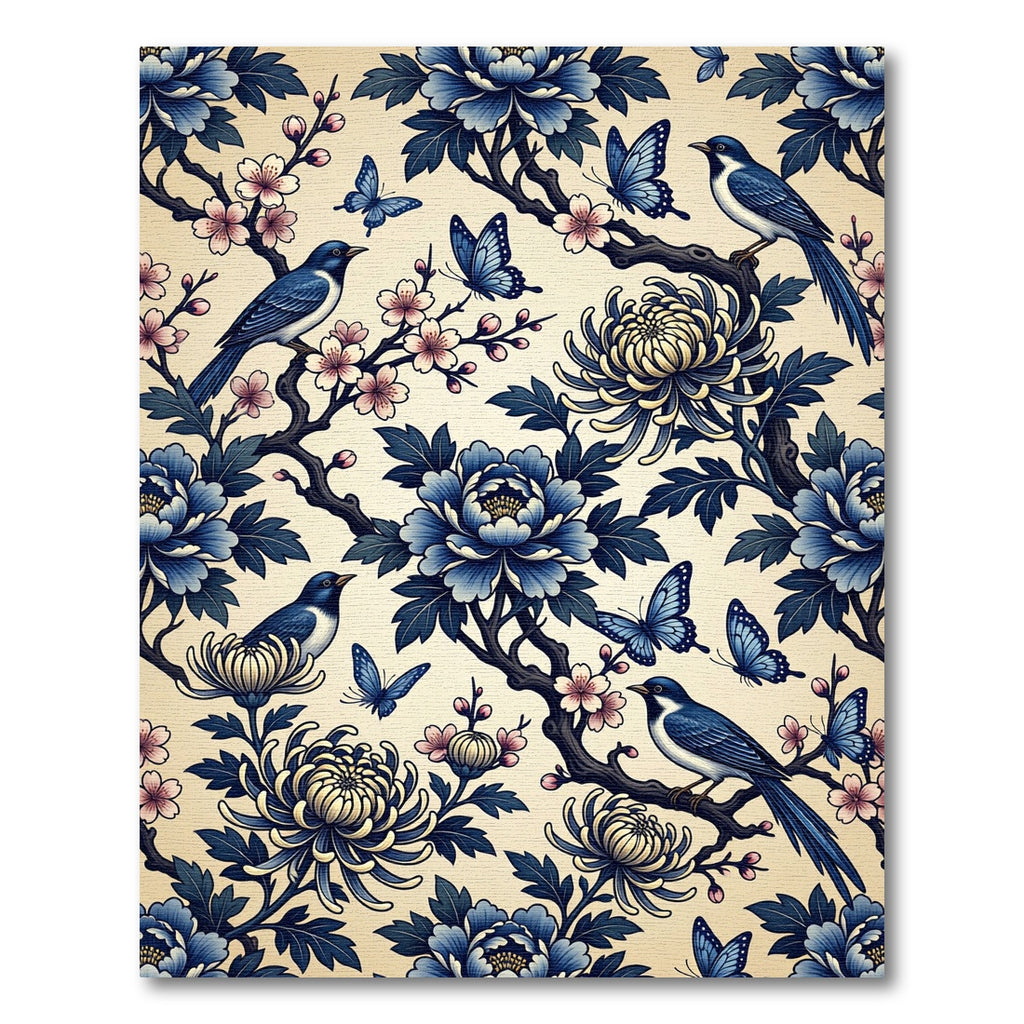 Blue Floral Chinoiserie Bird and Butterfly Rug