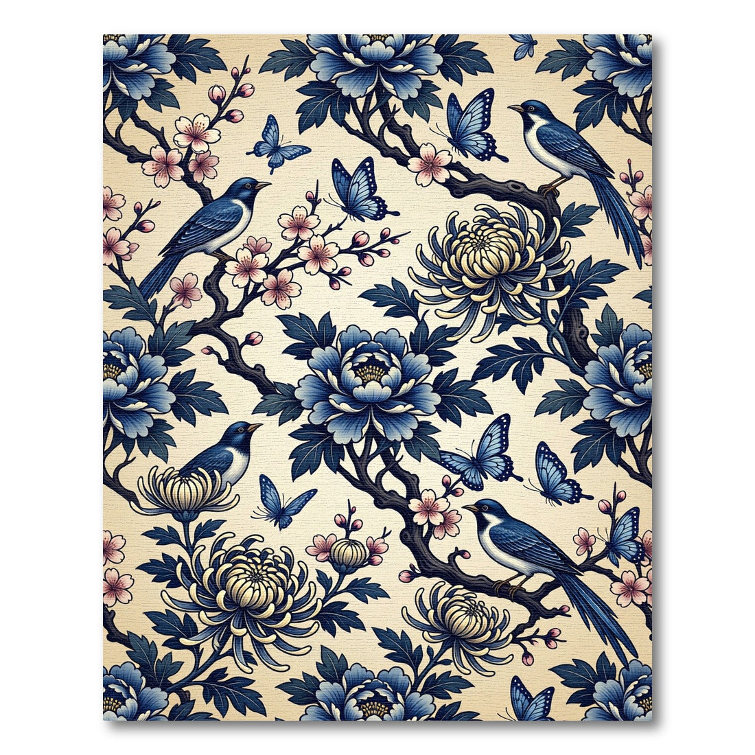 Blue Floral Chinoiserie Bird and Butterfly Rug