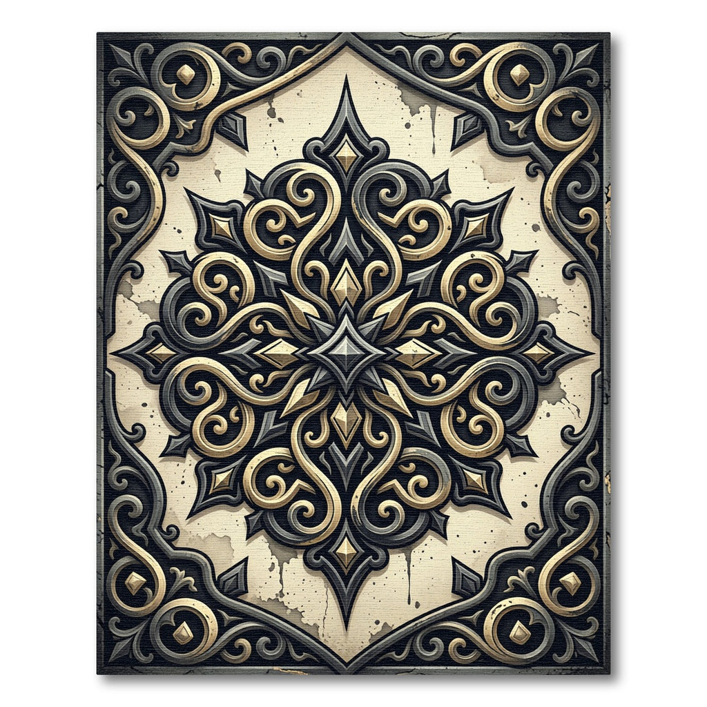 Ornate Gold Black Scrollwork Medallion Rug