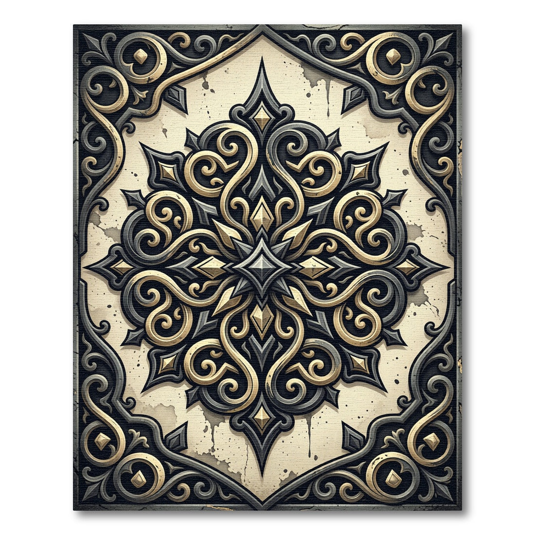 Ornate Gold Black Scrollwork Medallion Rug