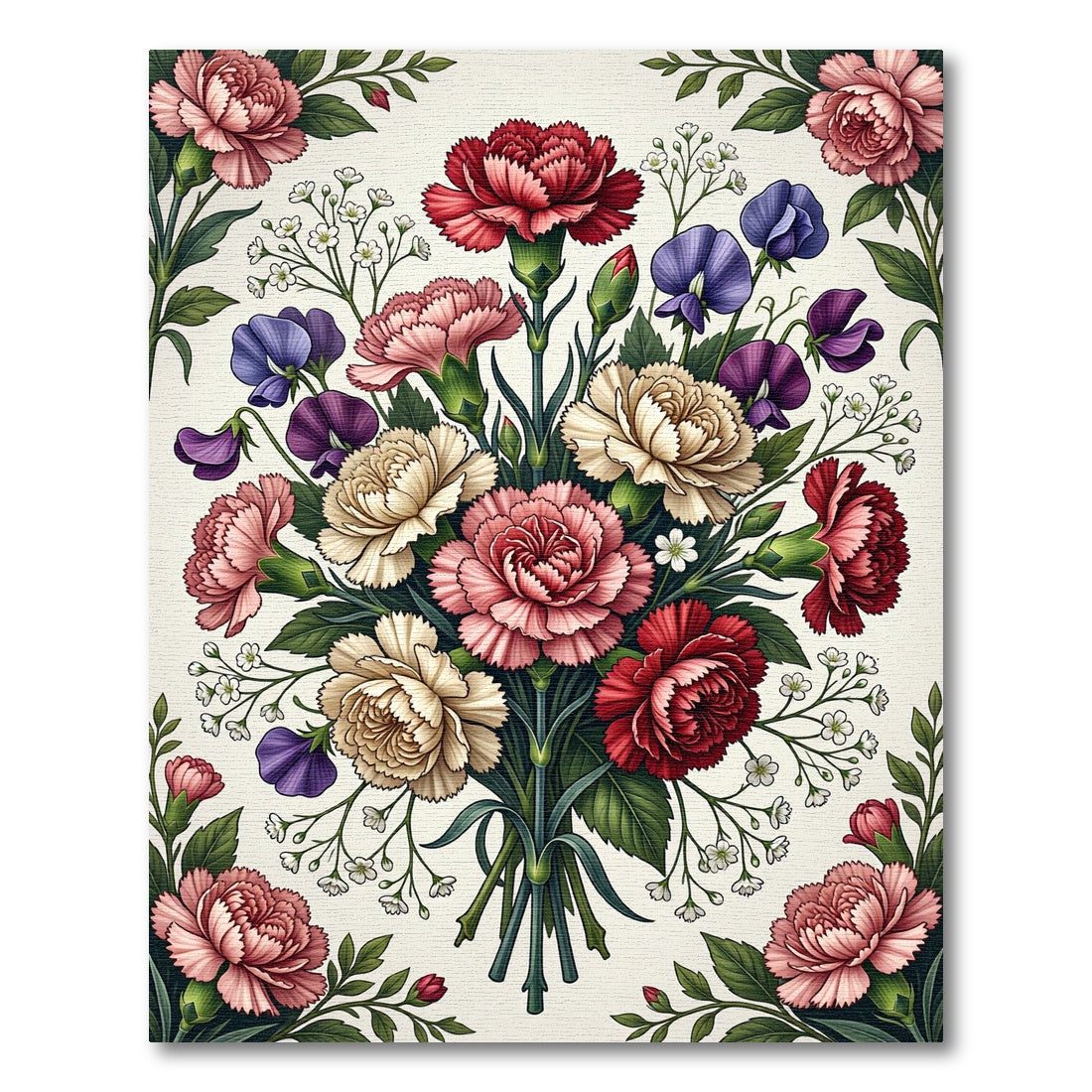 Vintage Carnation Bouquet Botanical Illustration Rug
