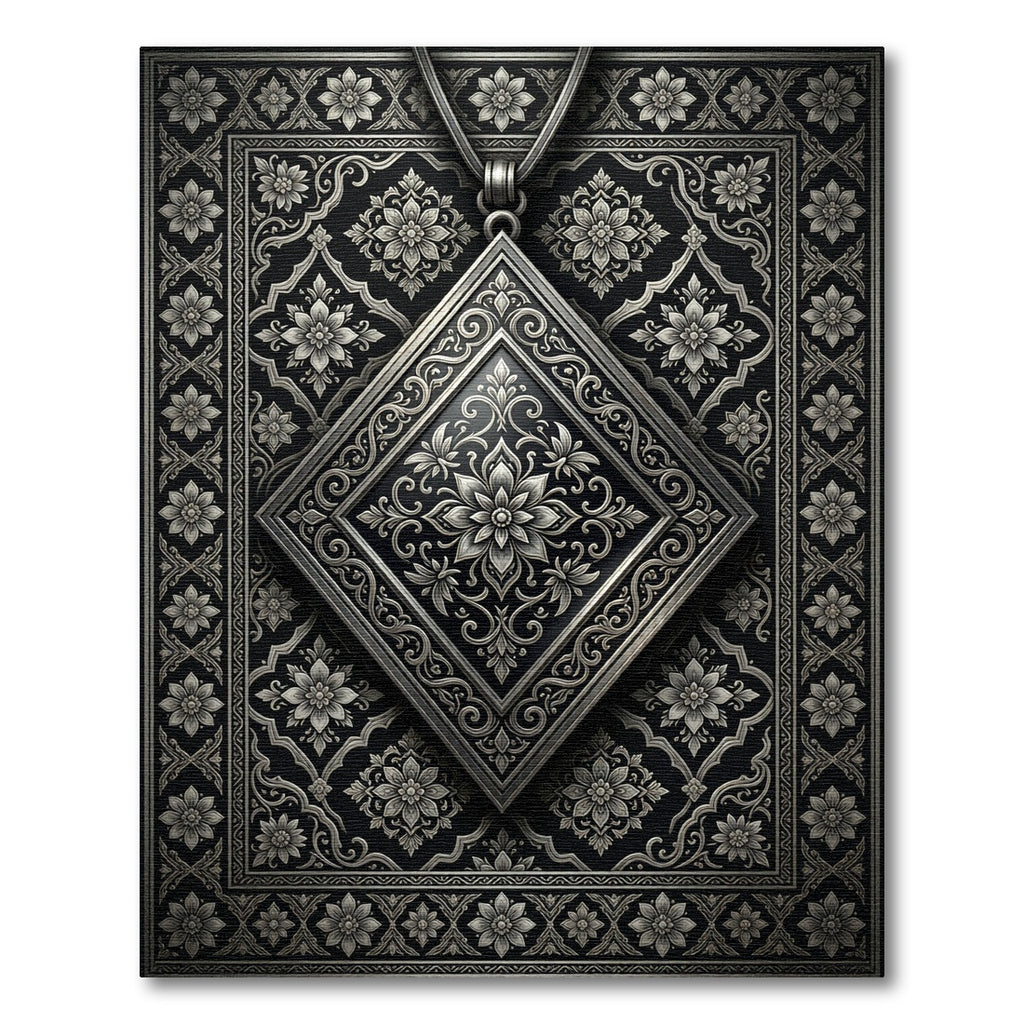 Ornate Black Silver Floral Diamond Rug