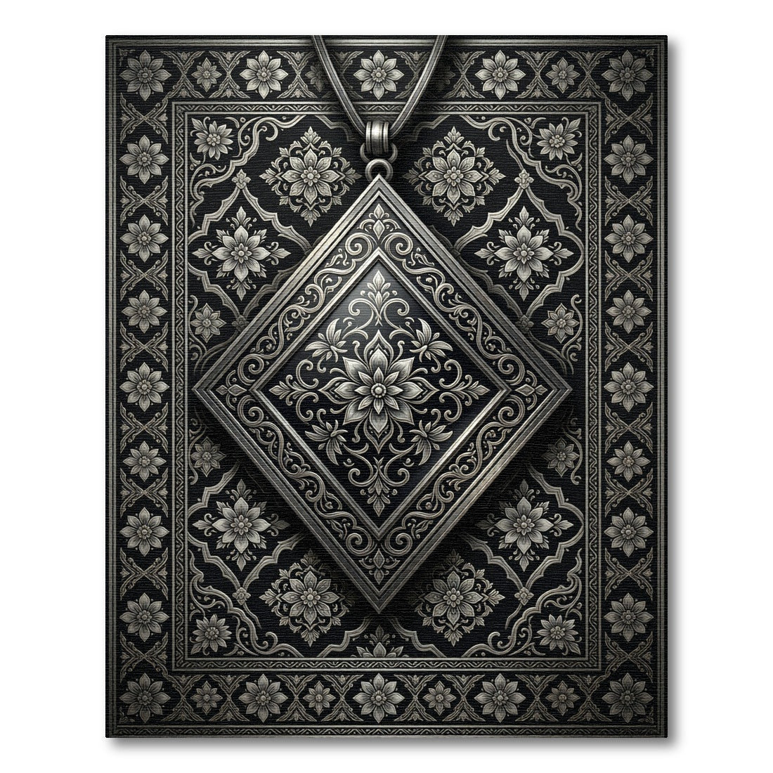 Ornate Black Silver Floral Diamond Rug