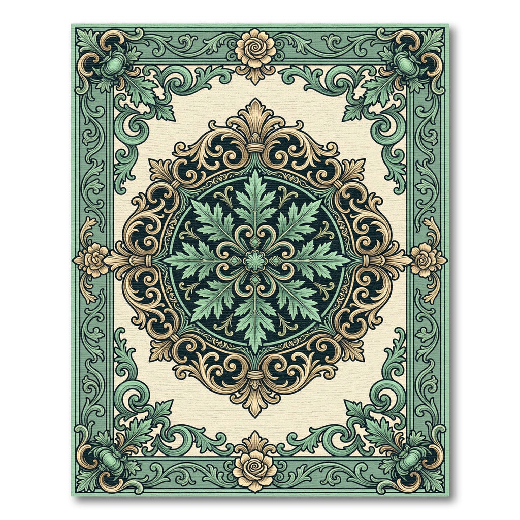 Ornate Sage Green Baroque Floral Medallion Rug