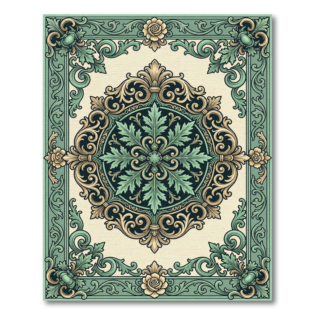 Ornate Sage Green Baroque Floral Medallion Rug