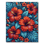 Tropical Orange Hibiscus Blue Foliage Rug