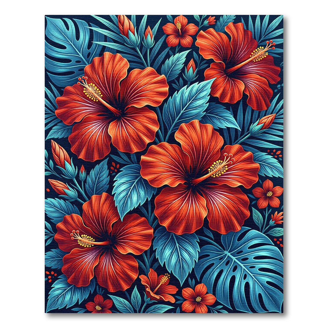 Tropical Orange Hibiscus Blue Foliage Rug