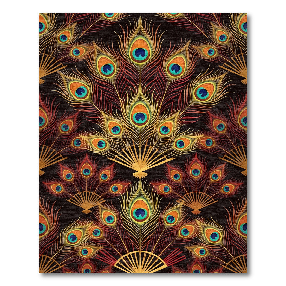 Crimson Gold Peacock Feather Arrangement Rug