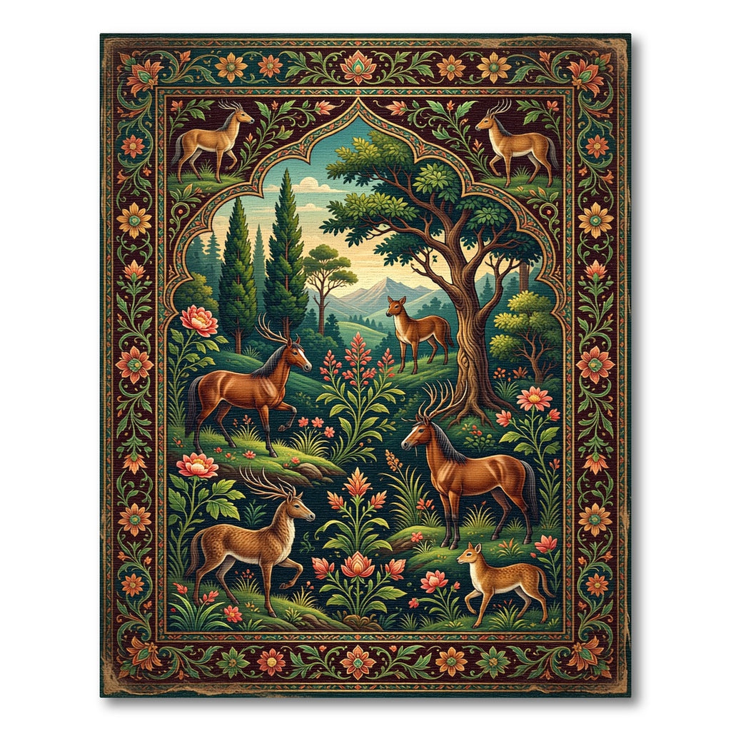 Ornate Woodland Deer Floral Landscape Art Rug